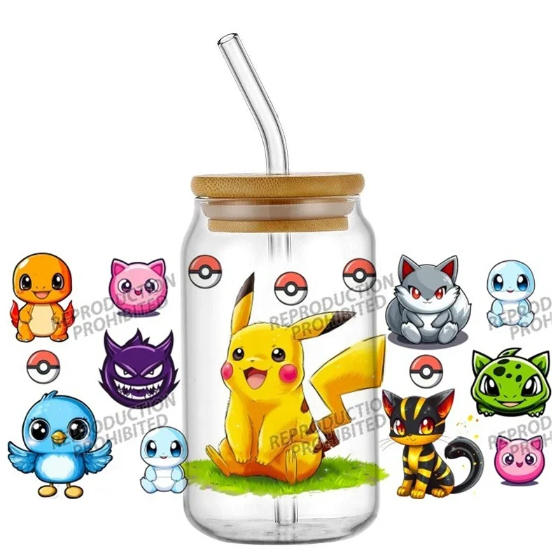 uv dtf Cute Yellow Electric Cartoon Rodent sticker Glass Tumbler Wrap 16oz Libbey Cup 3D DTF Decal Waterproof cup wraps Home dec
