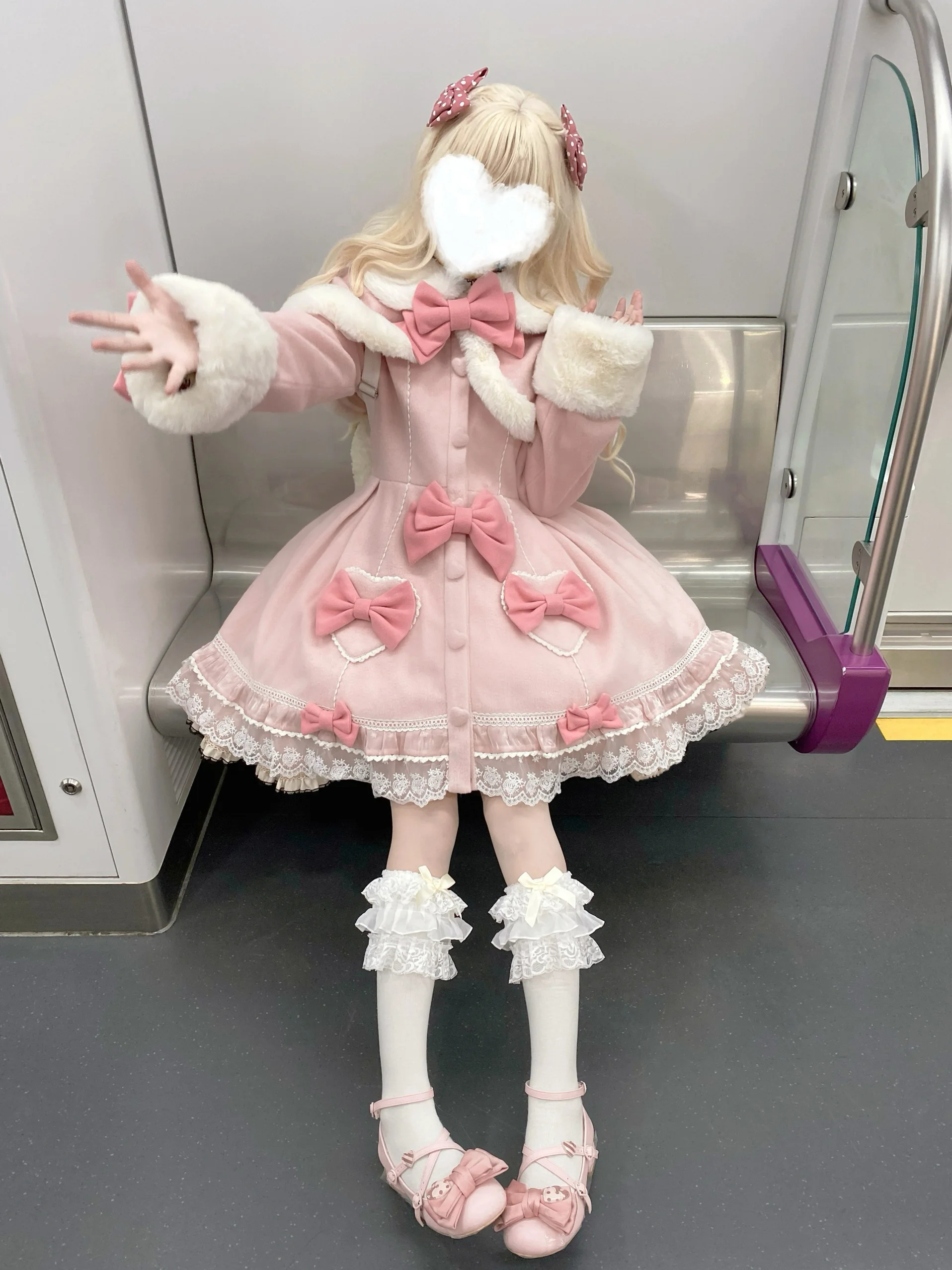 Lolita Sweet Wool Cape Coat Girls Women's  Autumn and Winter Girl Cute Bow Plush Collar Elegant Y2k Woolen Jacket with Cloak