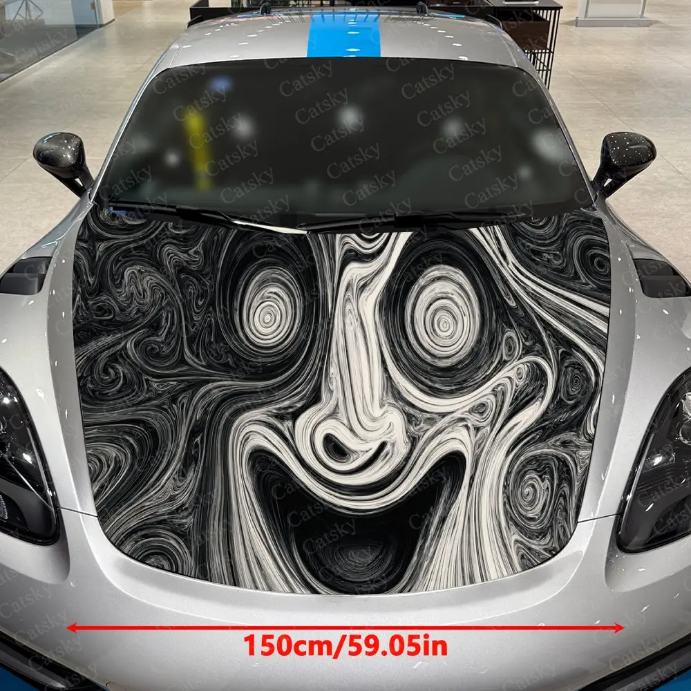 Absurd Swirling-pattern Monster Face Print car hood stickers, waterproof self-adhesive, scratch resistant, easy to stick, durabl
