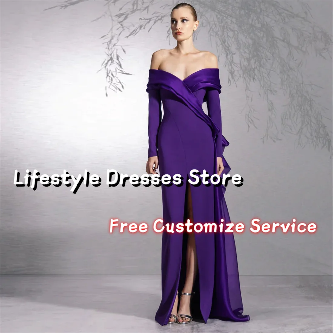 

Gorgeous Prom Dresses Purple Off The Shoulder Organza Back Evening Dress Long Sleeves Front Slit Formal Wedding Party Gowns