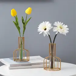 1pc Hollow Out Iron Art Golden Vase, Home Living Room Transparent Simulation Flower Dried Flower Arrangement Container