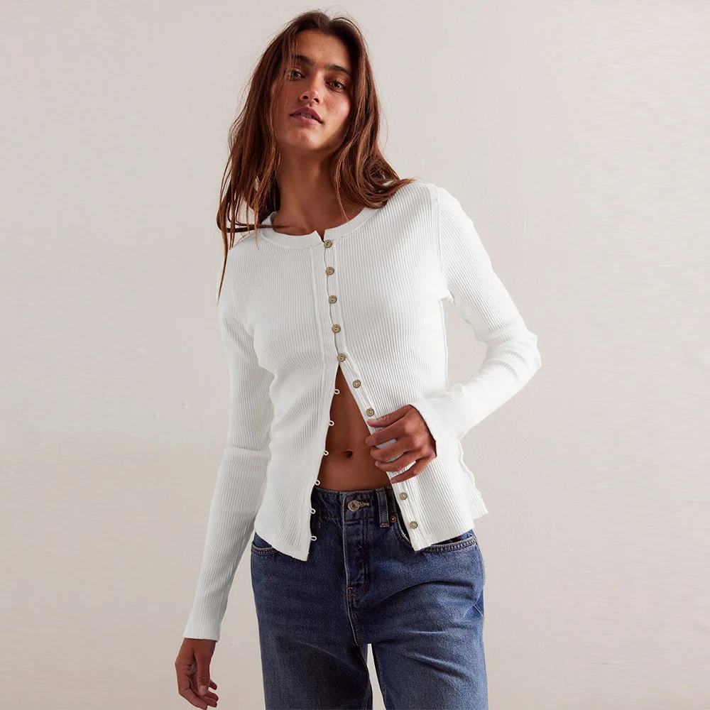 

2025 Fall Winter New Fashion Women's Cardigan Long-Sleeve Crew Neck Button-Front Ribbed Solid Color Jacket Y2k Woman Clothing