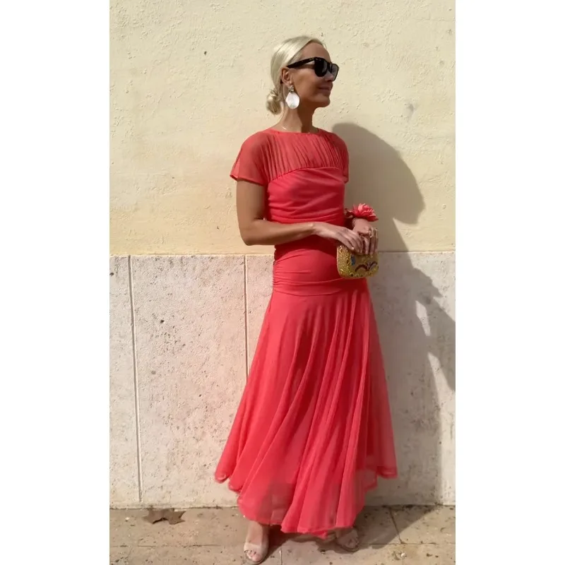 Summer Sexy Women Mesh Sheer Ruched Bodycon Evening Dress Elegant Corset Short Sleeve Flowy Guest Mermaid Cocktail Long Dress