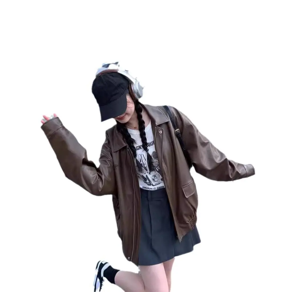 

Women's Brown Leather Jacket Retro Hong Kong Style Small Autumn Winter New Style plus Velvet Maillard Motorcycle