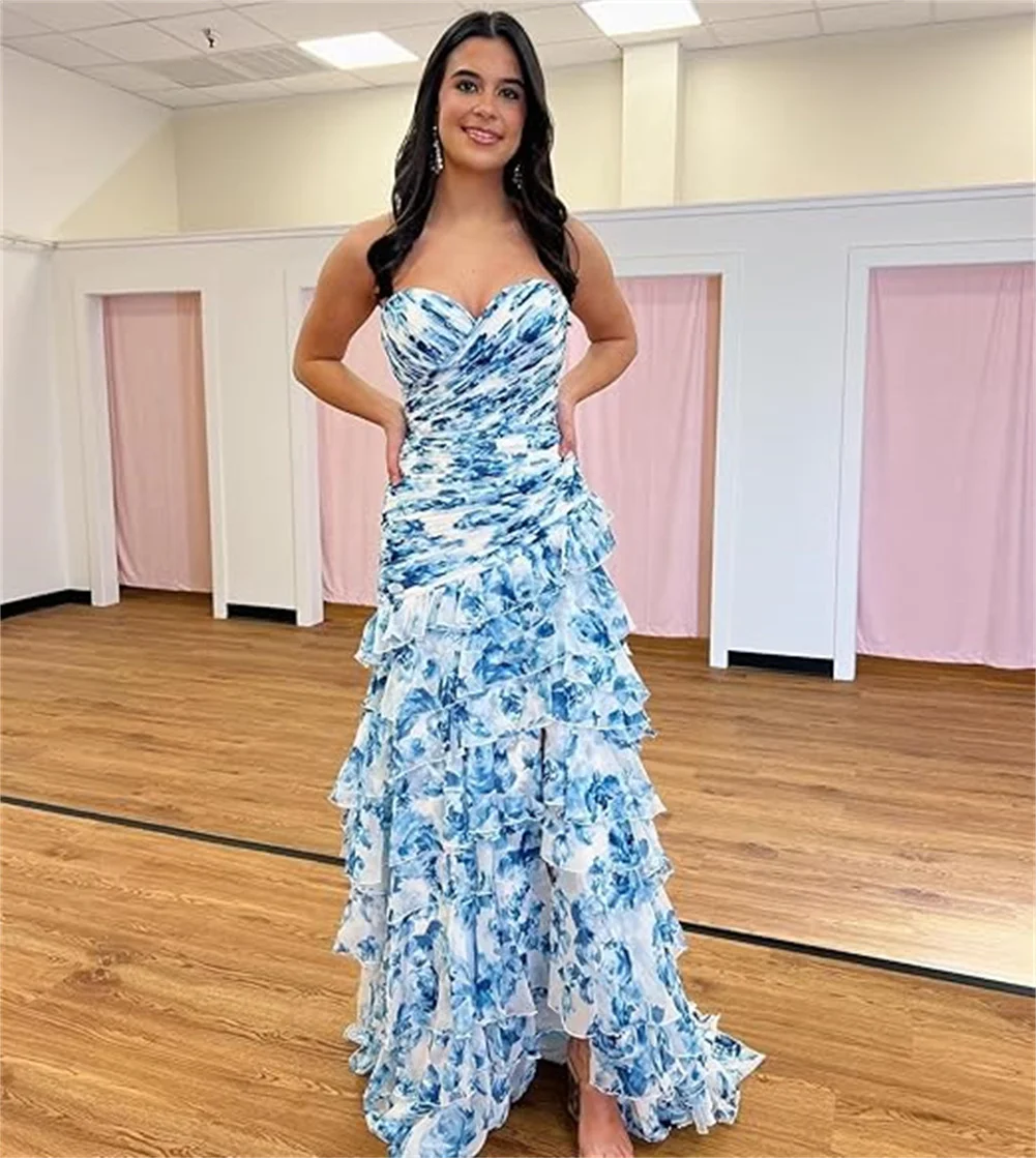

Customized Women's Mermaid Strapless Floral Printed Prom Dress Tiered Chiffon Bridesmaid Dress With Slit Sweetheart Evening Gown