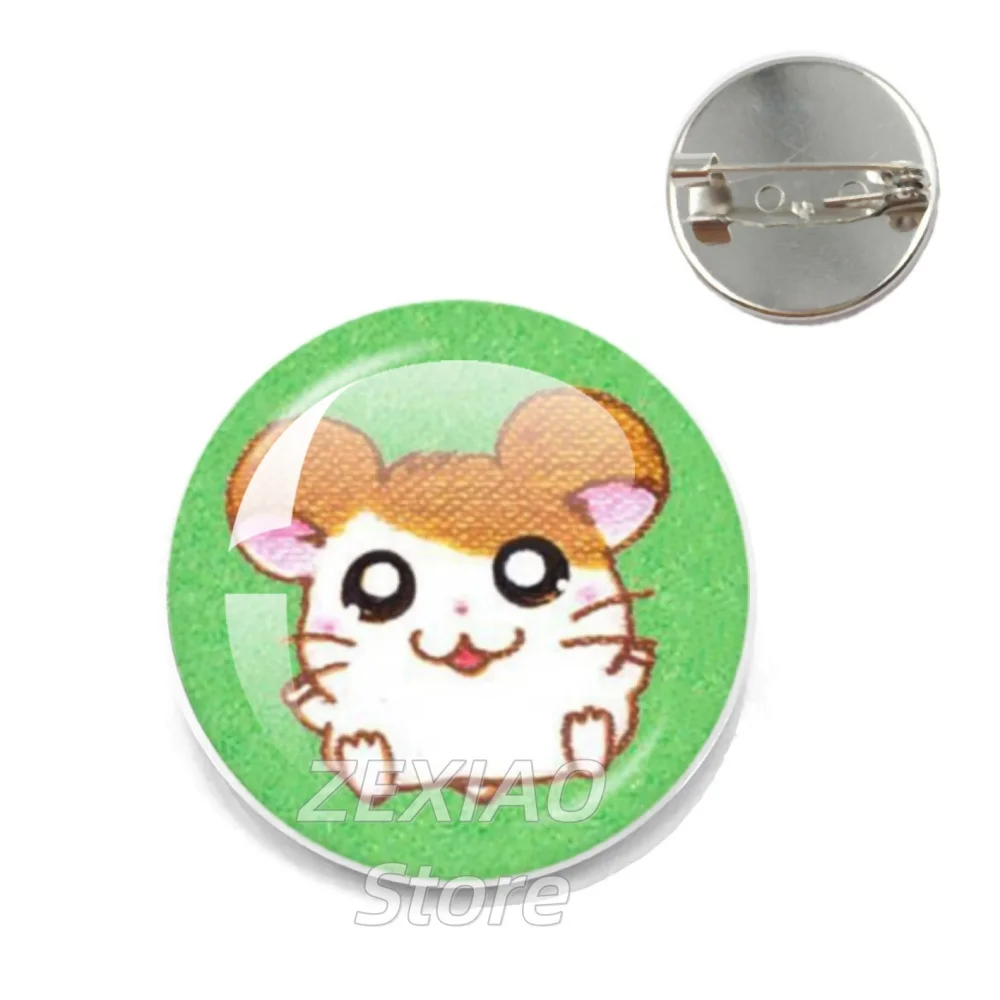 H-Hamtaro Cute Hamster Pins Badges Glass Cabochon Round Brooches Creative Pins For Clothes Hat Backpack Gift Accessories