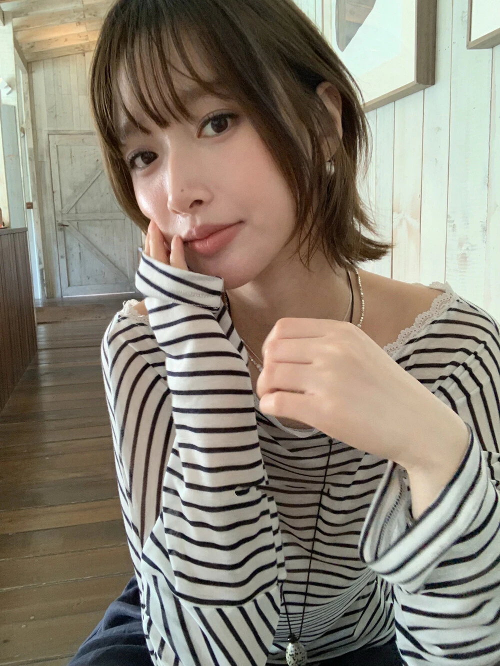 

Korejpaa French Style Women T Shirt Slant Collar Splicing Lace Striped T-shirts Early Autumn New Retro Bottom Top Ropa Mujer