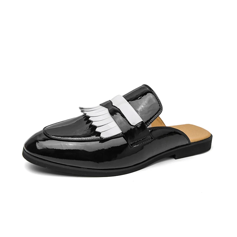 Summer Mules Men's Half Slippers Patent Leather Slip On Sneakers Male Flats Backless Casual Shoes Moccasins Open-back Loafers
