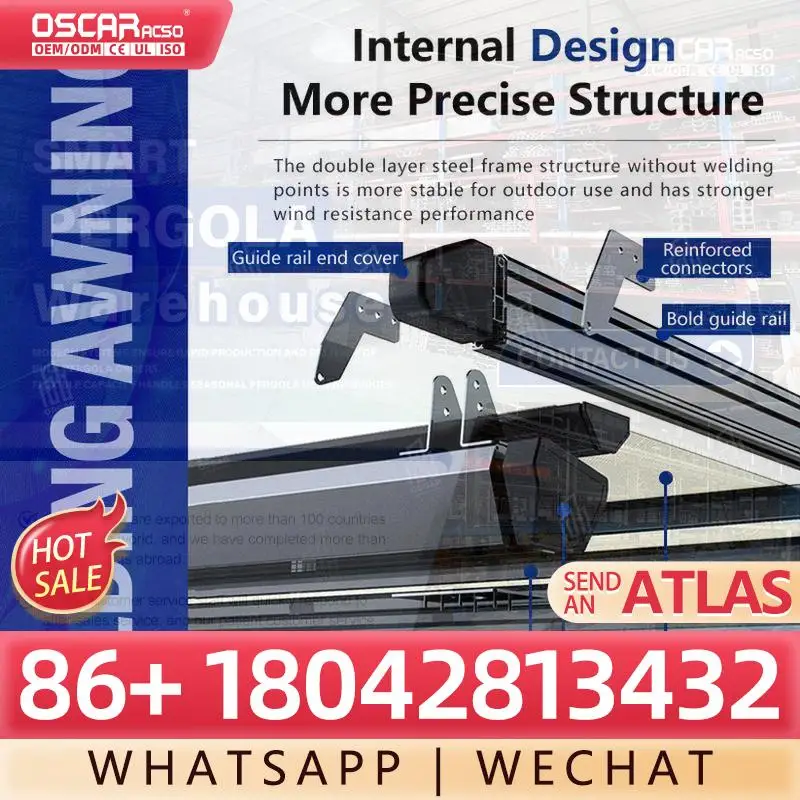 Outdoor Motorized Retractable Awning with LED Lighting Remote Control Waterproof Dimmable Aluminum for Patio Garden Balcony Retr
