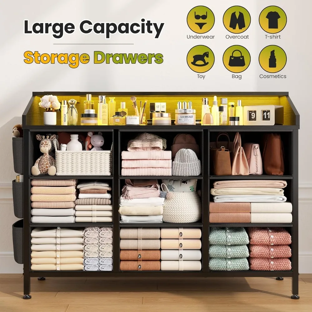 Cômoda de tecido pu preto com 9 gavetas para armazenamento de quarto, sala de estar e corredor