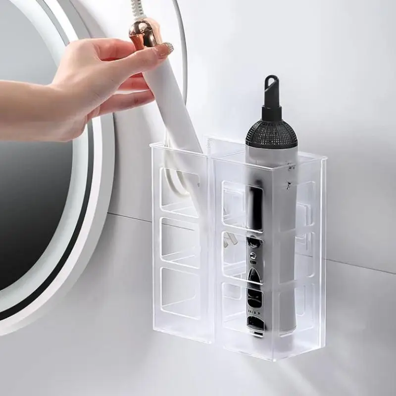 Hoyytu Wall Mounted Hair Tool Organizer Self Adhesive Easy Clean Holder for Bathroom Dorm Hair Dryer Curling Iron Storage Rack