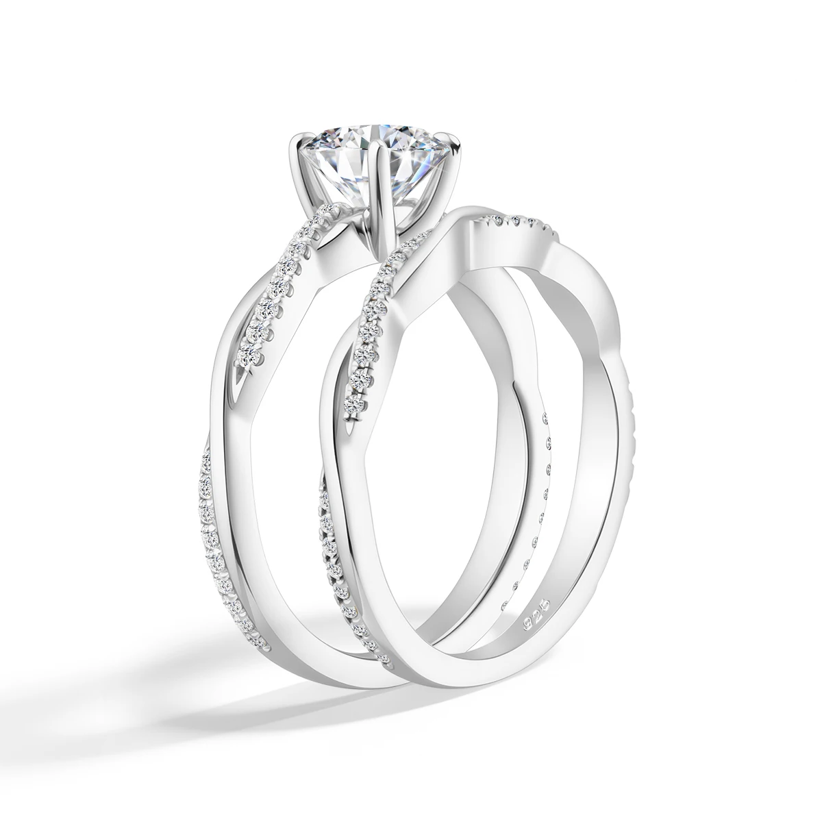 Zertifizierter runder Moissanit-Ehering für Damen aus massivem 925er Sterlingsilber, brillanter Verlobungsring, Brautschmuck-Set – Detail 2