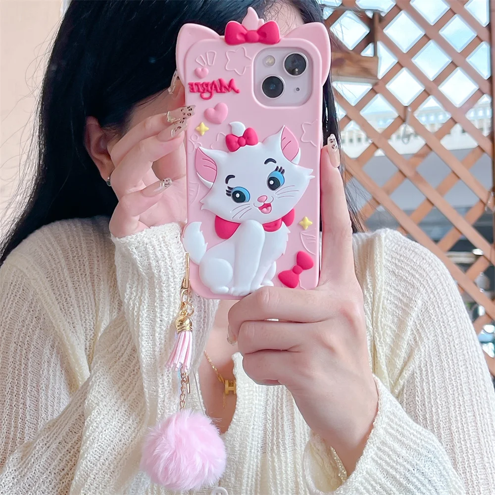 3D Disney Cartoon Marie Fashion Phone Case For iphone 15 14 Plus 16 13 12 Pro Max Soft Silicone Cover Y2k