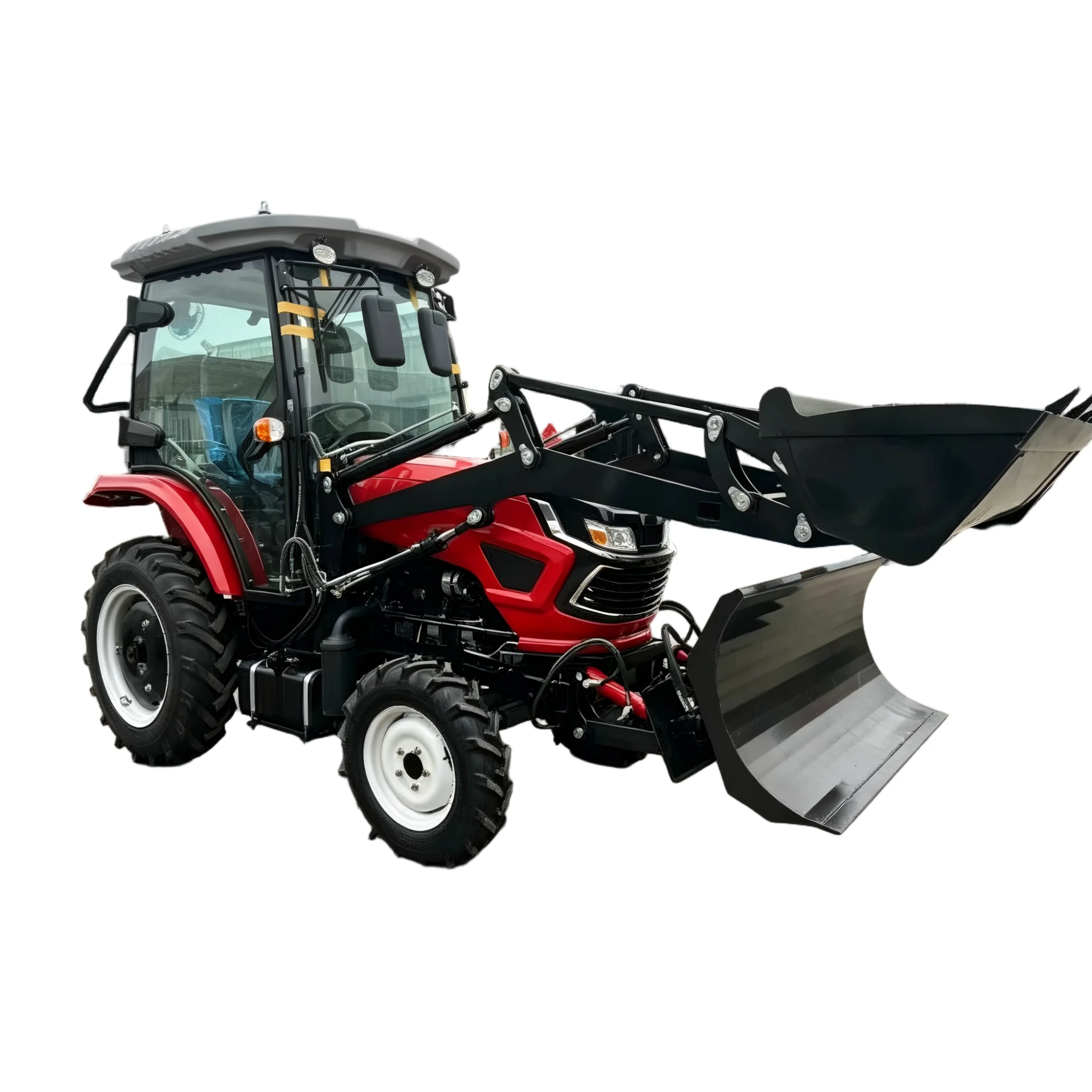 4WD Enclosed Cabin Diesel Tractor With Front Loader & Snow Plow Blade Multifunctional Farm Loading Snow Clearing Equipment