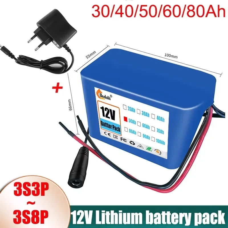 12V 50Ah 18650 Lithium Battery Pack 3S5P Rechargeable Battery with BMS 12.6v Charger for Fishing Bicycle Large Capacity Battery