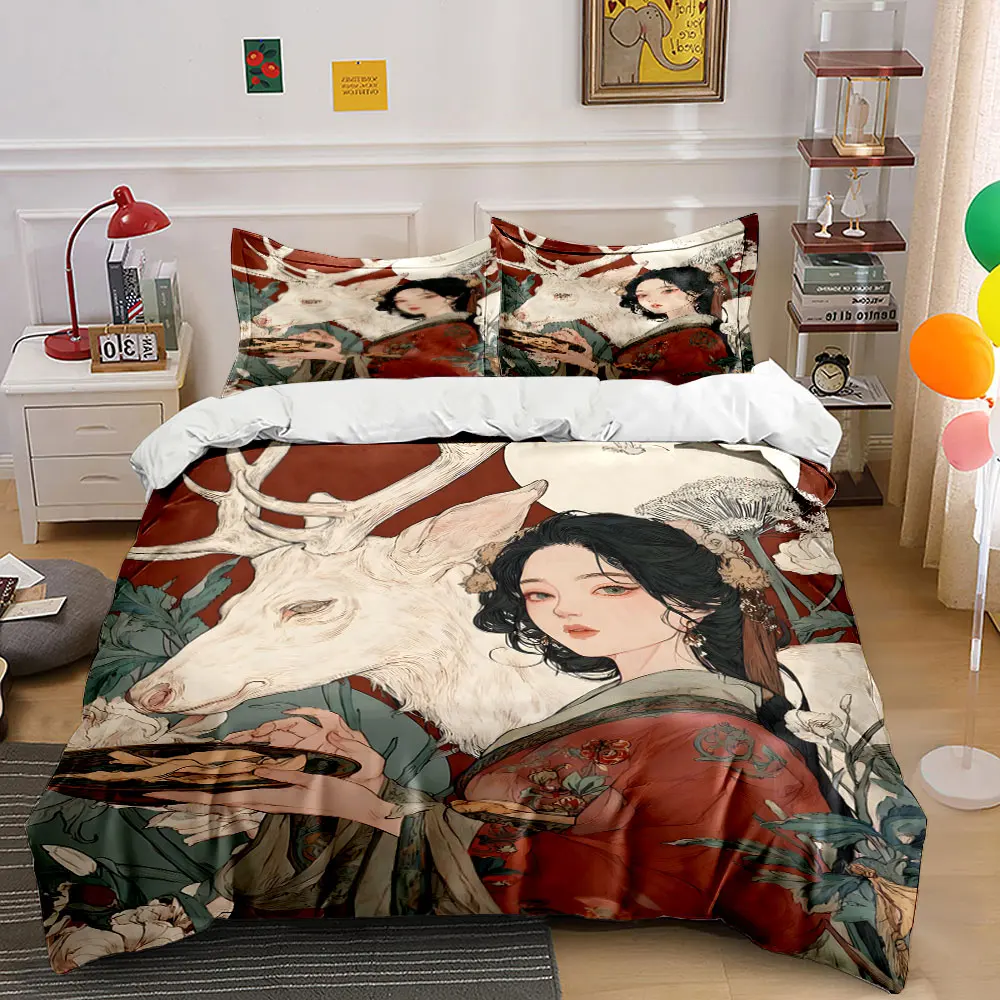 Elegant lady with white deer Print Bedding Set 1 Duvet Cover 2 Pillowcases for Adult and Children Luxury Gift Full Size