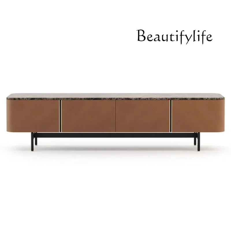 R Italian Minimalist Smoked Oak TV Cabinet Modern Light Luxury Saddle Leather Living Room Floor Cabinet Marble Surface
