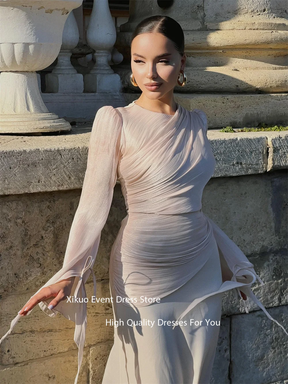 Xikuo Long Sleeves Elegant Evening Dress Straight Ankle Length Prom Gown Ruched Bodice Round Neck Sukienka Wieczorowa Customized