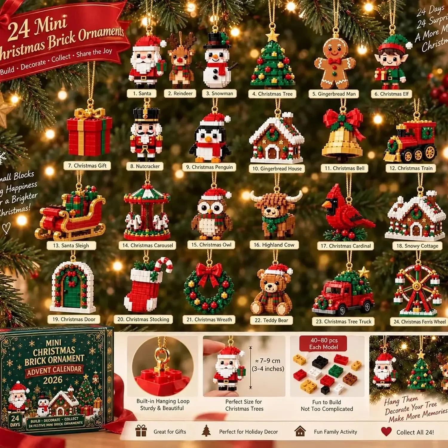 24-Day Mini Christmas Brick Ornament Advent Calendar,Unique Designs, Buildable Bricks, Hanging Loops Included, Holiday Countdown