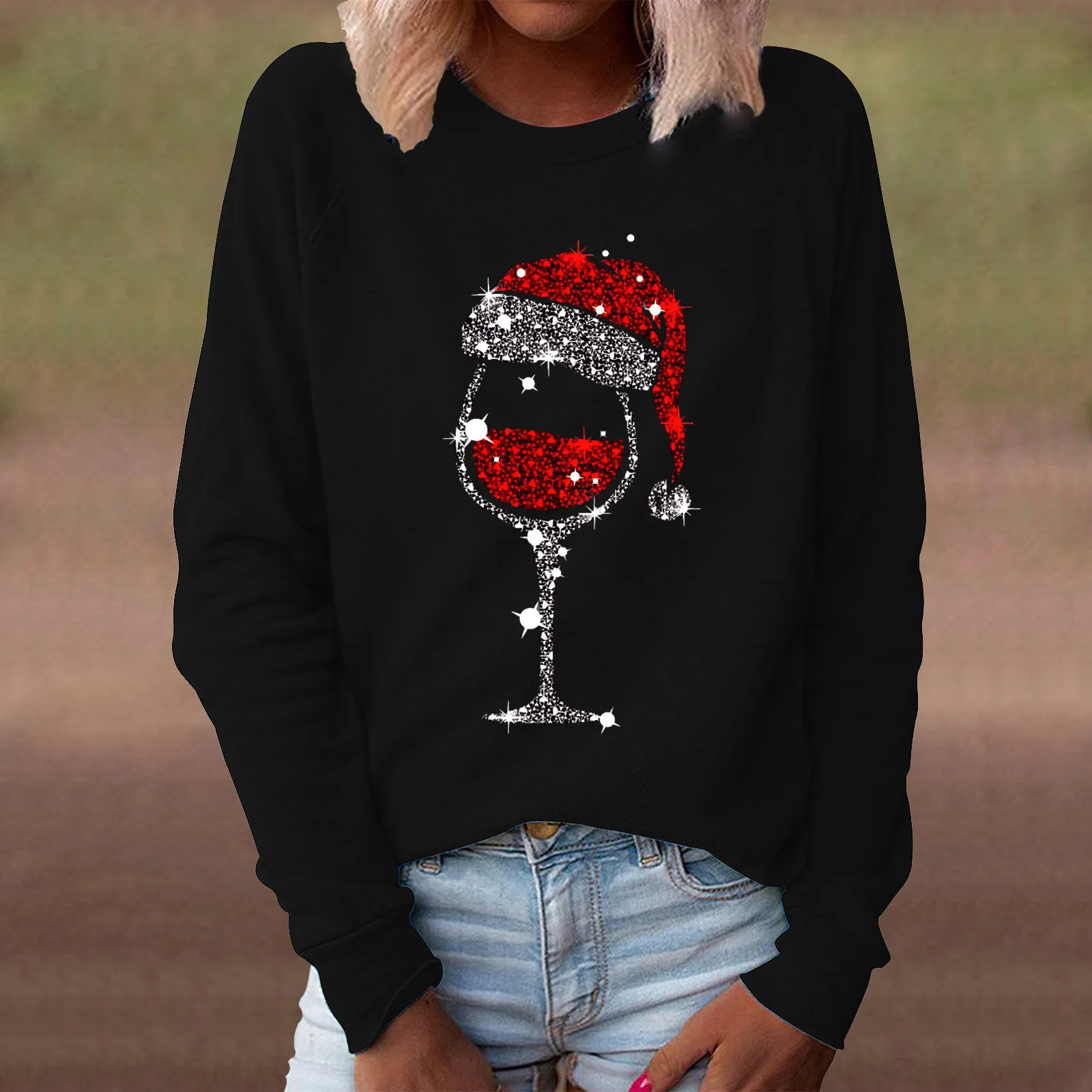 Christmas Print Red Wine Cup T-Shirt Women\'s Fashion Casual Round Neck Long Sleeve Pullover Sweater New 2023 Femme Clothing Tops