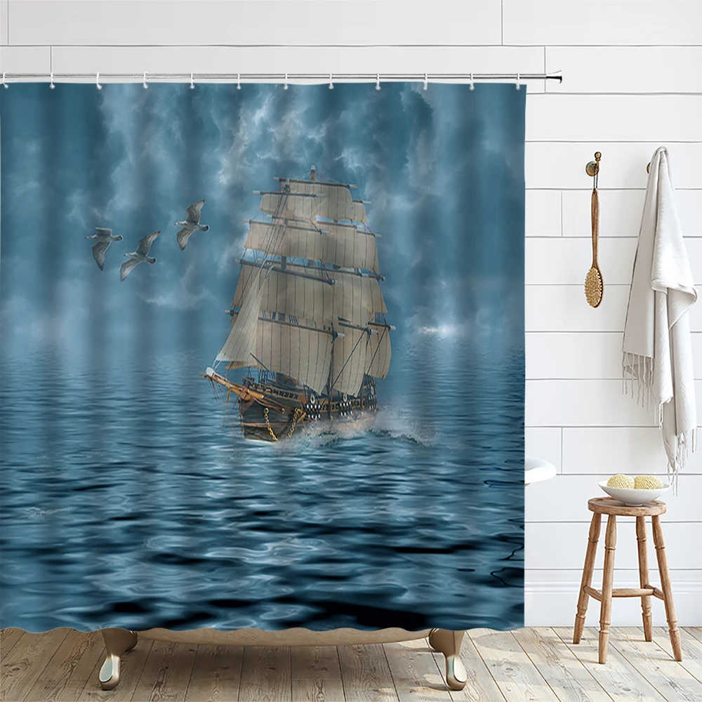 Nautical Shower Curtain Pirate Ship Ocean Sailboat Sailing Sea Sky Vintage Seascape Coastal Seagulls Bathroom Decor Curtains New