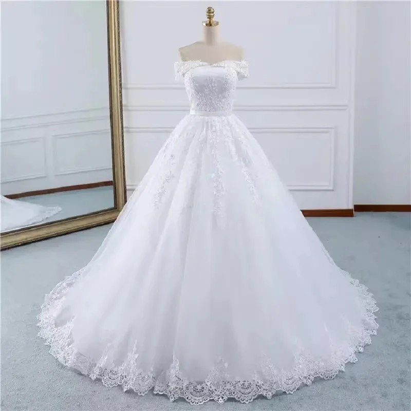 Lace Off The Shoulder Classic Wedding Dresses Lace Up Simple And Elegant Civil Wedding Dress With Train