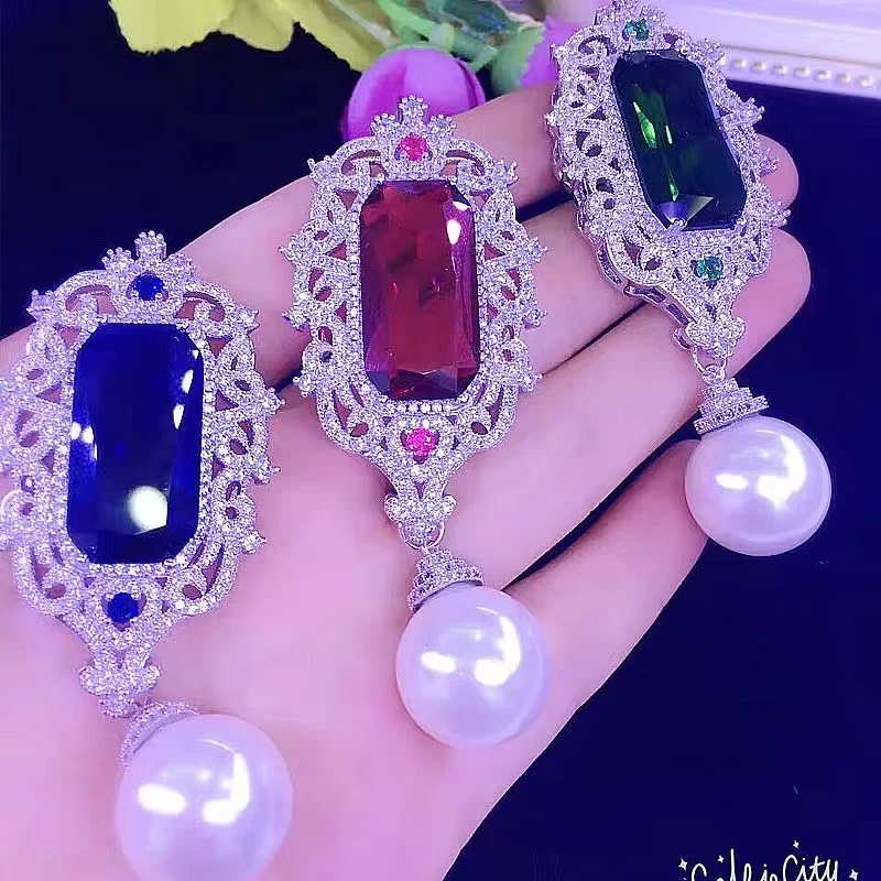 2pcs 30x55mm Silver Red Paved CZ Necklace Pendant DIY Jewelry Findings