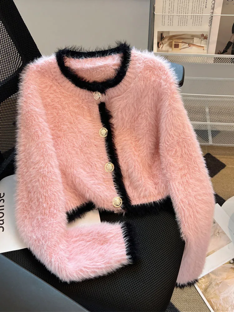 Harajuku Korean Autumn O-Neck Plush Cardigans Cozy Pink Sweater Formal Occasion Luxury Knitted Outerwear Mori Girl New Design