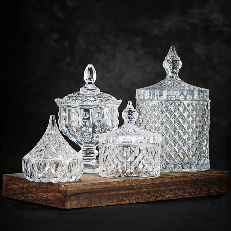 Jarra de armazenamento de vidro listrado diamante europeu, porca, caixa de doces, jarra de vidro de cristal com tampa, castiçal de aromaterapia, recipiente de alimentos