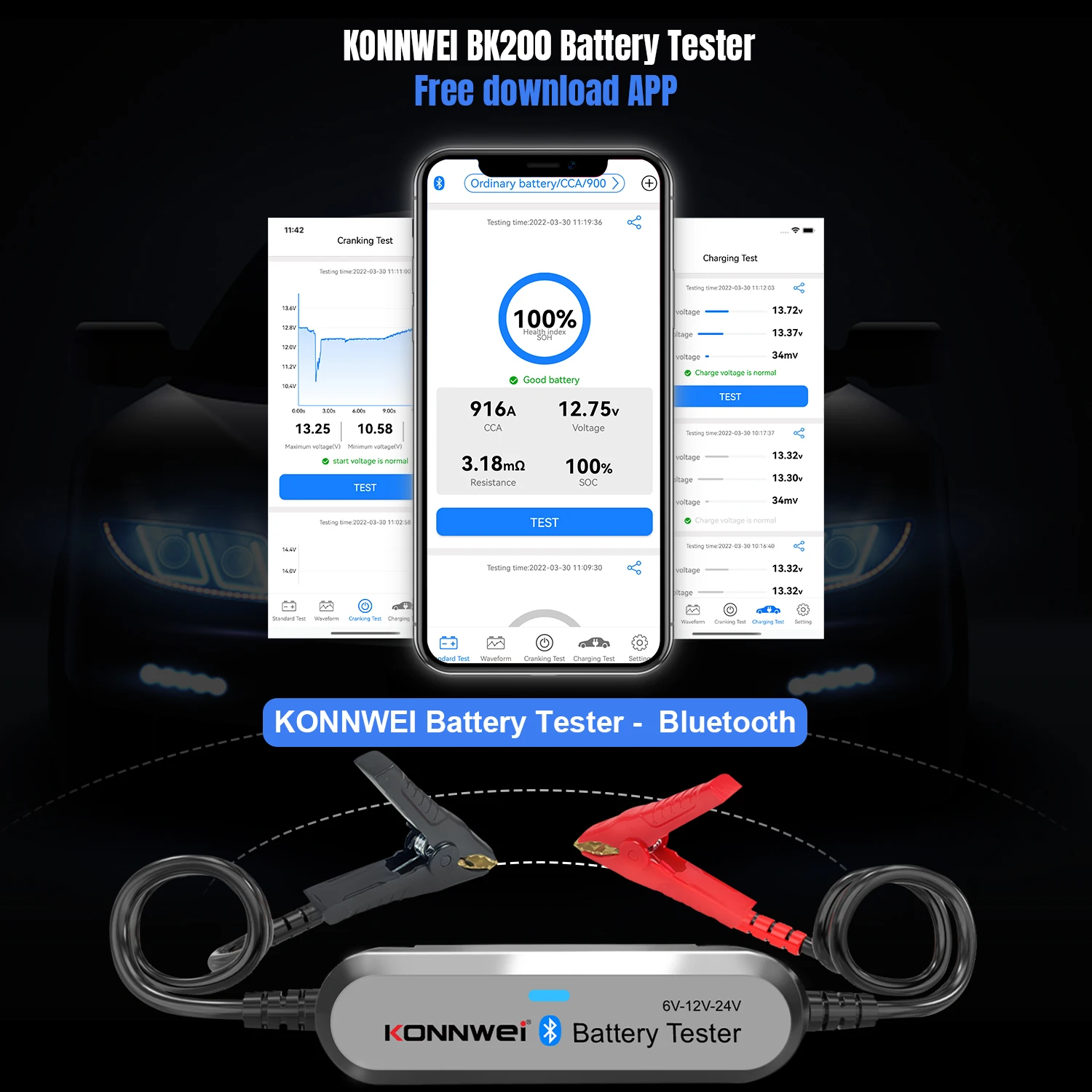 Factory Direct KONNWEI BK200 6V 12V 24V Bluetooth Car Battery Tester for Car Motorcycle and Truck with 3 Years Warranty