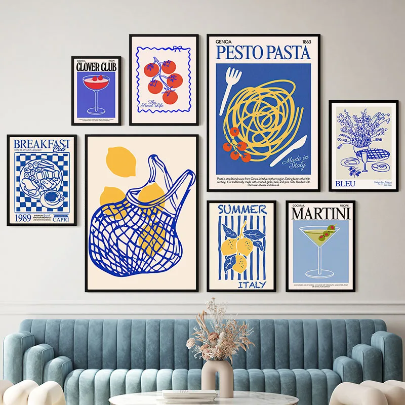 Italian Blue Pasta Lemon Cocktail Cake Wall Art Canvas Modern Aesthetic Posters Prints Art for Dorm Kitchen Bar Club Home Decor