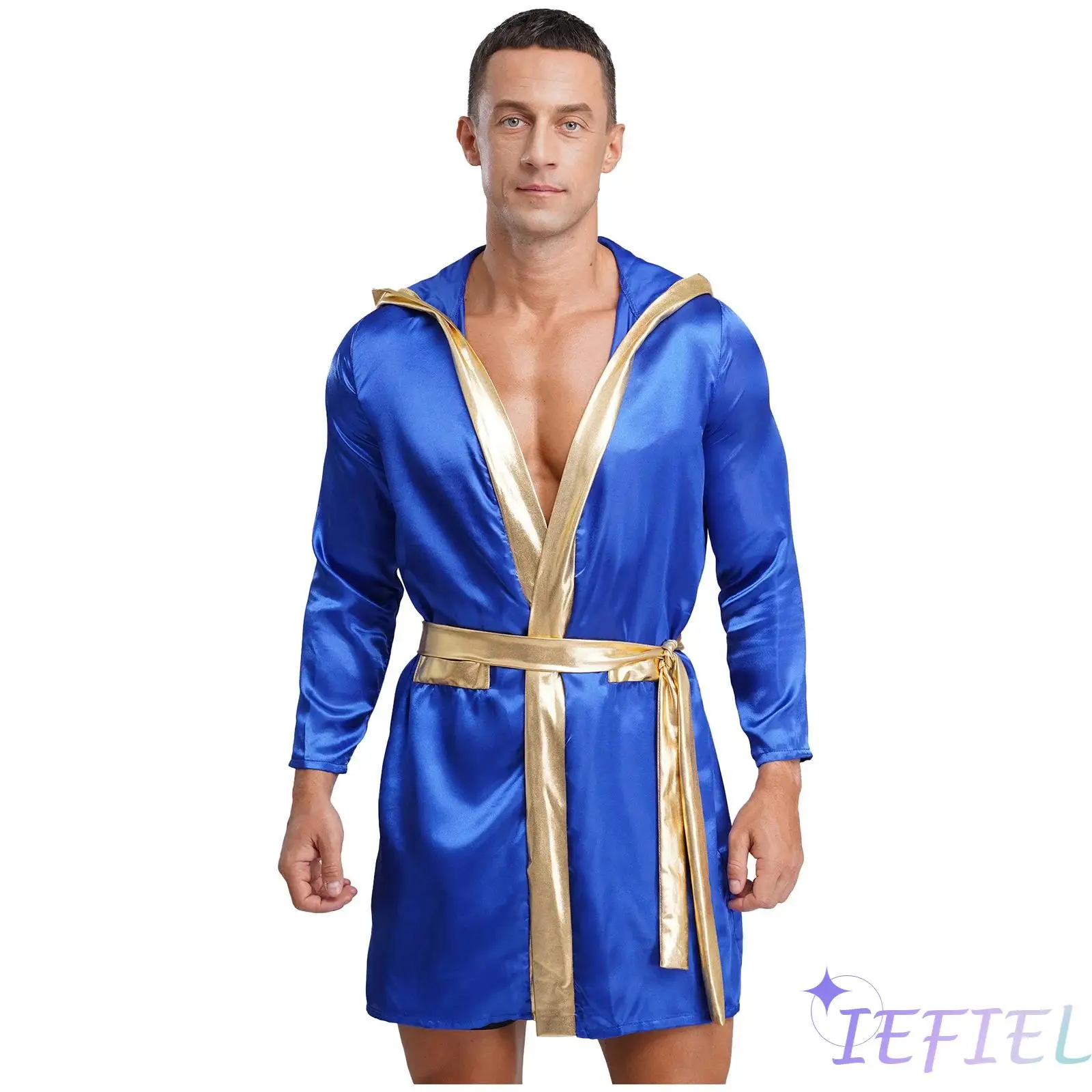 

Men Boxing Warrior Robe Halloween Boxer Cosplay Gown Top Long Sleeve Open Front Metallic Shiny Trim Satin Hooded Cloak with Belt