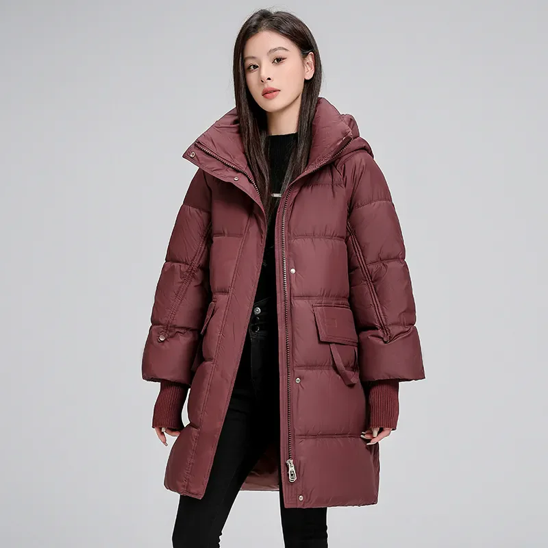 

2025 Winter Long Women's Down Cotton Jacket Female Stand Collar Hooded Parkas Pockets Coats Women Knee Length Thick Warm Jacket