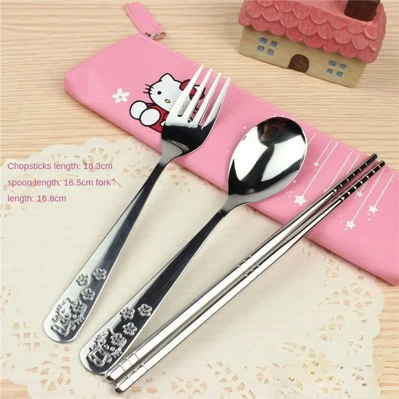 Hello Kitty Tableware Spoon Fork Chopsticks Set 304 Stainless Steel Kids Children Fork Baby Gadgets Feedkid Girls Cute Cutlery