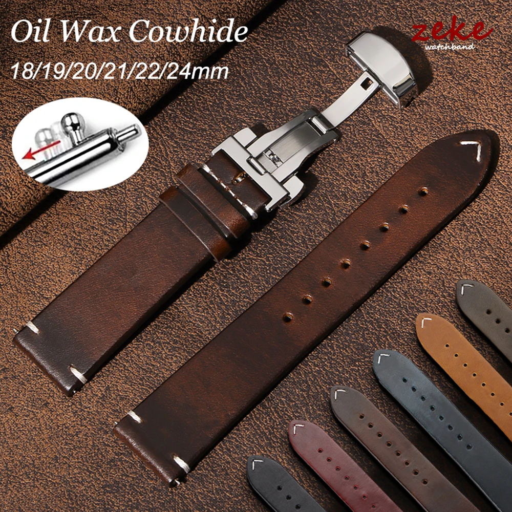 

Handmade Vintage Oil Wax Genuine Calfskin Strap 18mm 19mm 20mm 22mm 21mm 24mm Quick Release for Men Women Watch Band Accessories