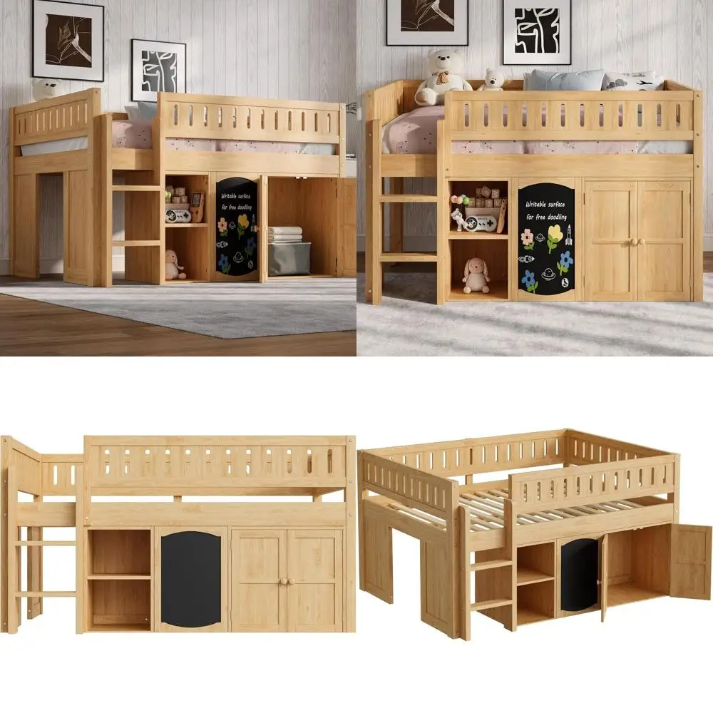 

Полноразмерная деревянная кровать-чердак с местом для хранения, шкафом, доской для записей и защитными бортиками