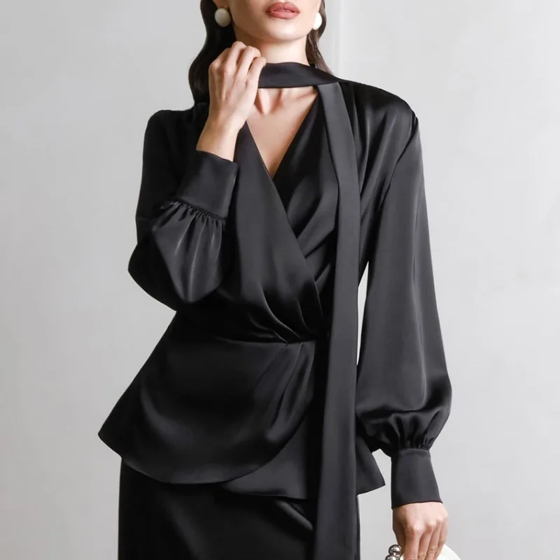 

Tuularose Black Ribbon Blouse Elegant V-Neck Slim Retro Long Sleeve Blouse Top Fashion Office Lady Luxury Women Shirt Top 2025