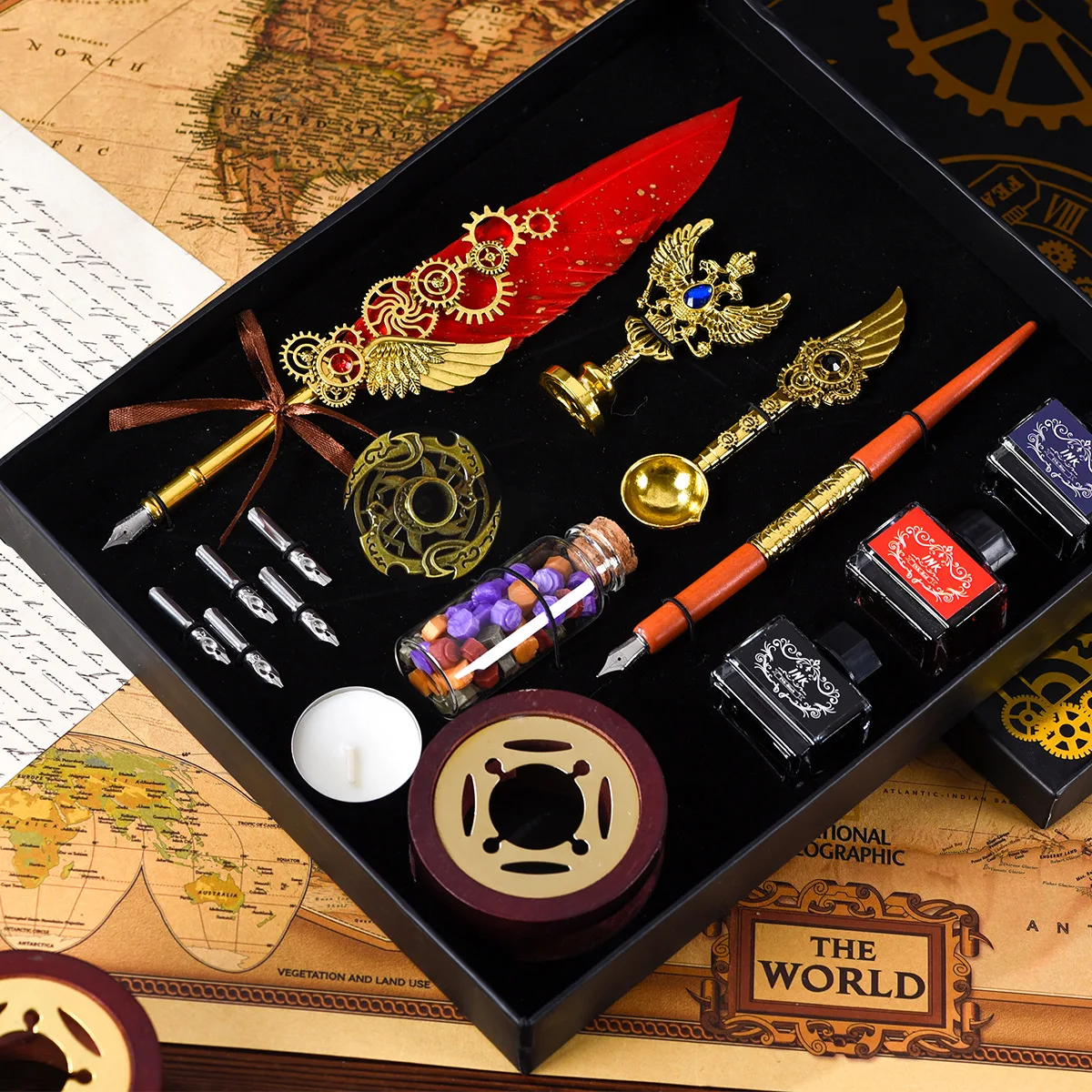 Mechanical Wings Retro Gem Quill Pen Set Feather Pen Ink Set Dip Pen Wax Granules Wax Seal Stamp Calligraphy Ideal Holiday Gift
