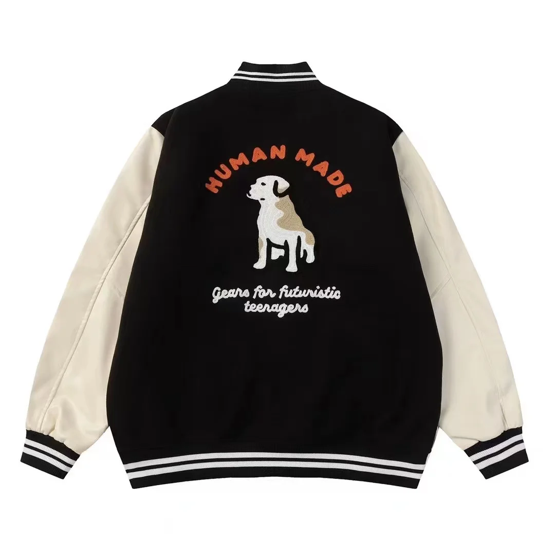 

2025 Winter HumanMade x BM Unisex Couple Love Color Match Leather Sleeve Baseball Jacket Warm Trendy Outerwear