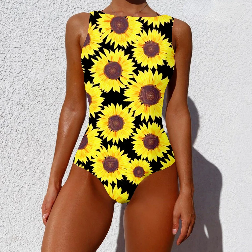 One Piece Sexy Bra Swimsuit Yellow Chrysanthemum Printed Casual Sportswear Swimwear Beach Swimming Suit for Women Clothing