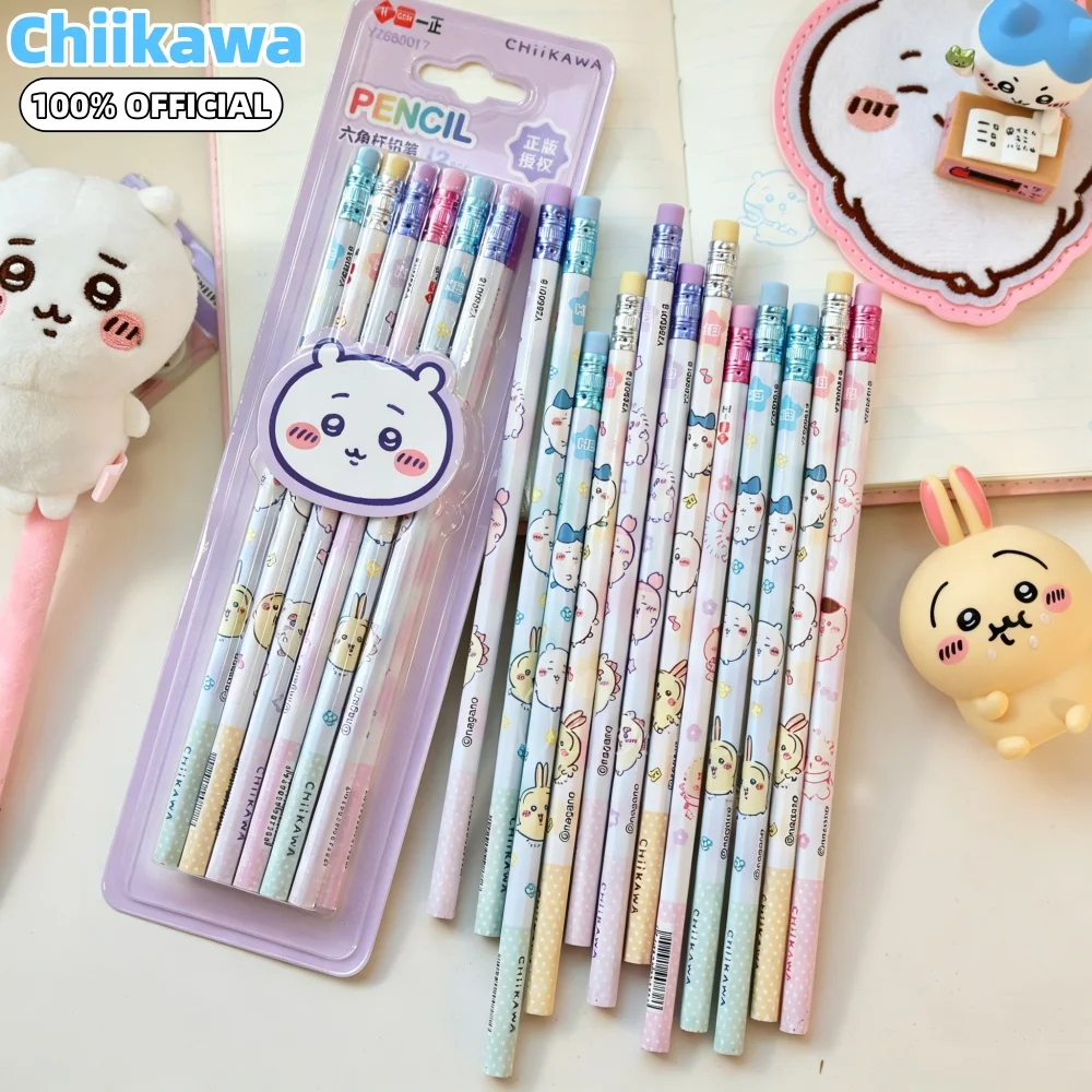 Genuine Chiikawa Hachiware Usagi 12Pcs HB Pencils For Handwriting Practice Sketching Line Drawing Classroom Stationery Rewards