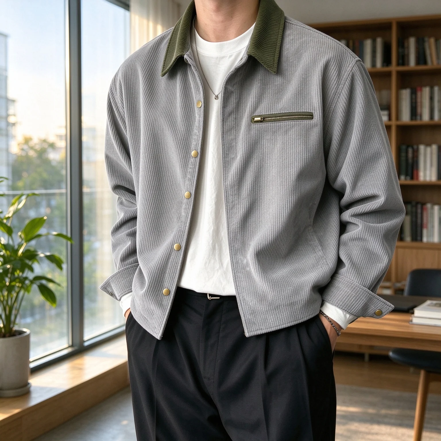 Men Corduroy Jacket Contrast Collar Casual Button Down Coat Zipper Pocket Long Sleeve Loose Fit Outerwear For Autumn Winter