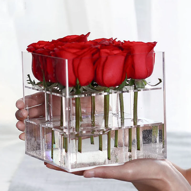 Fashion Acrylic Rose Flower Box Makeup Organizer Artificial Flower Bouquet Valentine's Day Wedding Decor Gift Box Wholesale