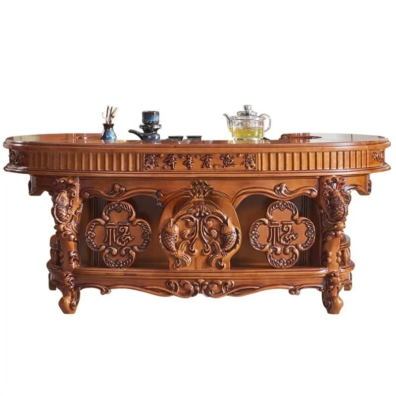 

European tea table American villa living room solid wood carving flower year after year fish tea table furniture