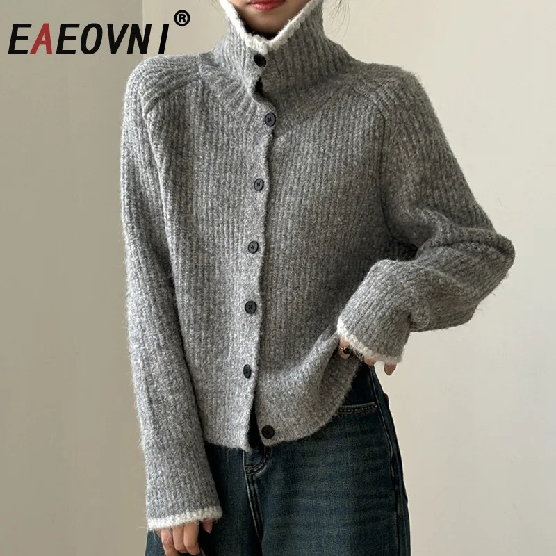 

EAEOVNI женский свитер, вязаная водолазка с длинными рукавами и пуговицами, однотонный повседневный кардиган, топы, мода 202, осень-зима, новинка