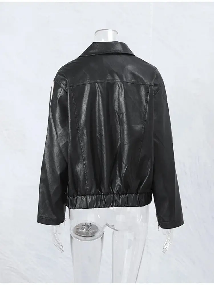 Street Sle Sweet Cool Bla chaqueta de cuero PU con pajarita abrigo de Otoño Invierno para mujer ajuste holgado largo cierre de cremallera Sve