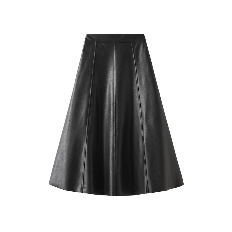 Retro Hong Kong Style Leather Skirt for Women, Half Skirt, High Waisted, Mid Length, A-line, Wrapped Buttocks, Umbrella Skirt