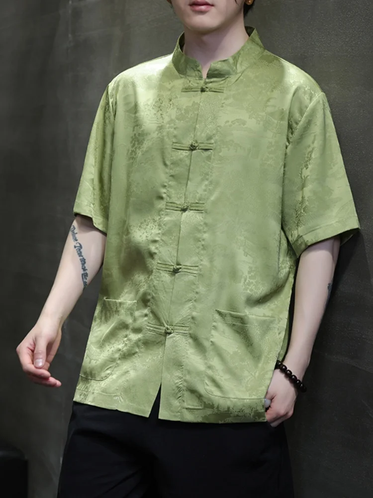 

New Chinese Sle Men's irt Ice Silk Thin Summer ort Sve Button up Floral Embroidery Hanfu Sle Casual Faionable