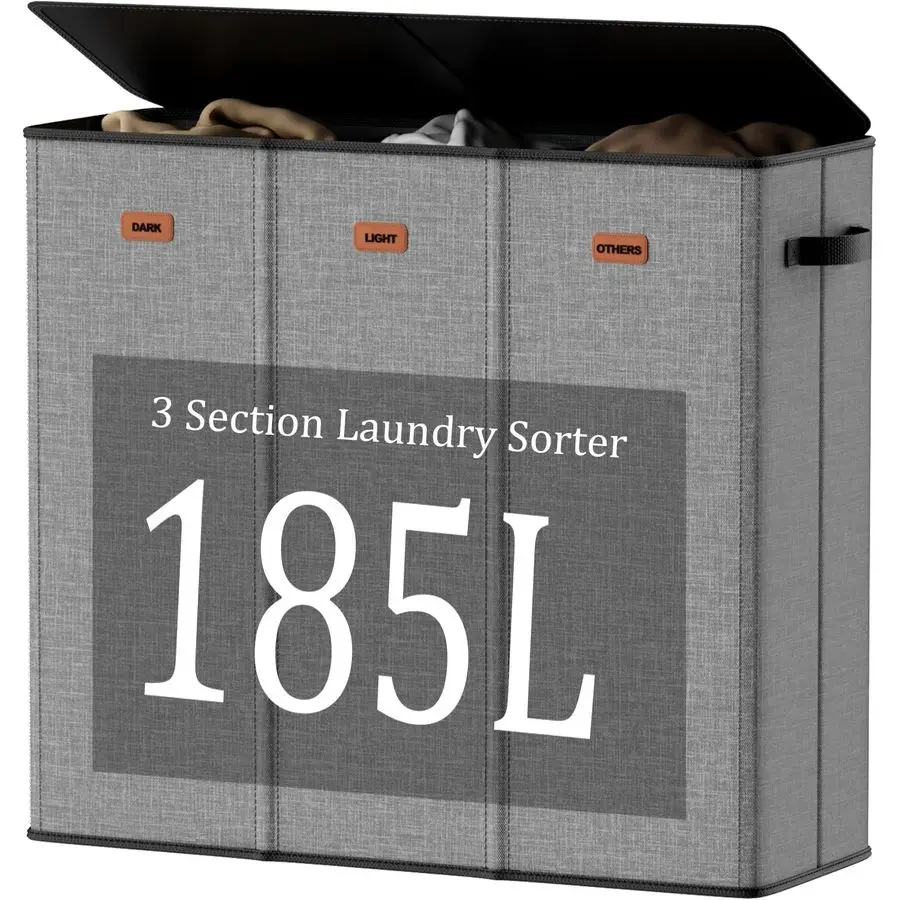 

Laundry Hamper 3 Section with Lid, Grey Hamper 3 Compartment with 3 Removable Laundry Bags, Large Laundry Basket for Bedroom, La