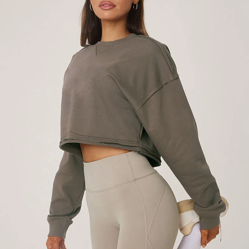 2025 primavera mais novo estilo europeu feminino curto hoodie com bordas desgastadas distintivas para roupas casuais esportivas